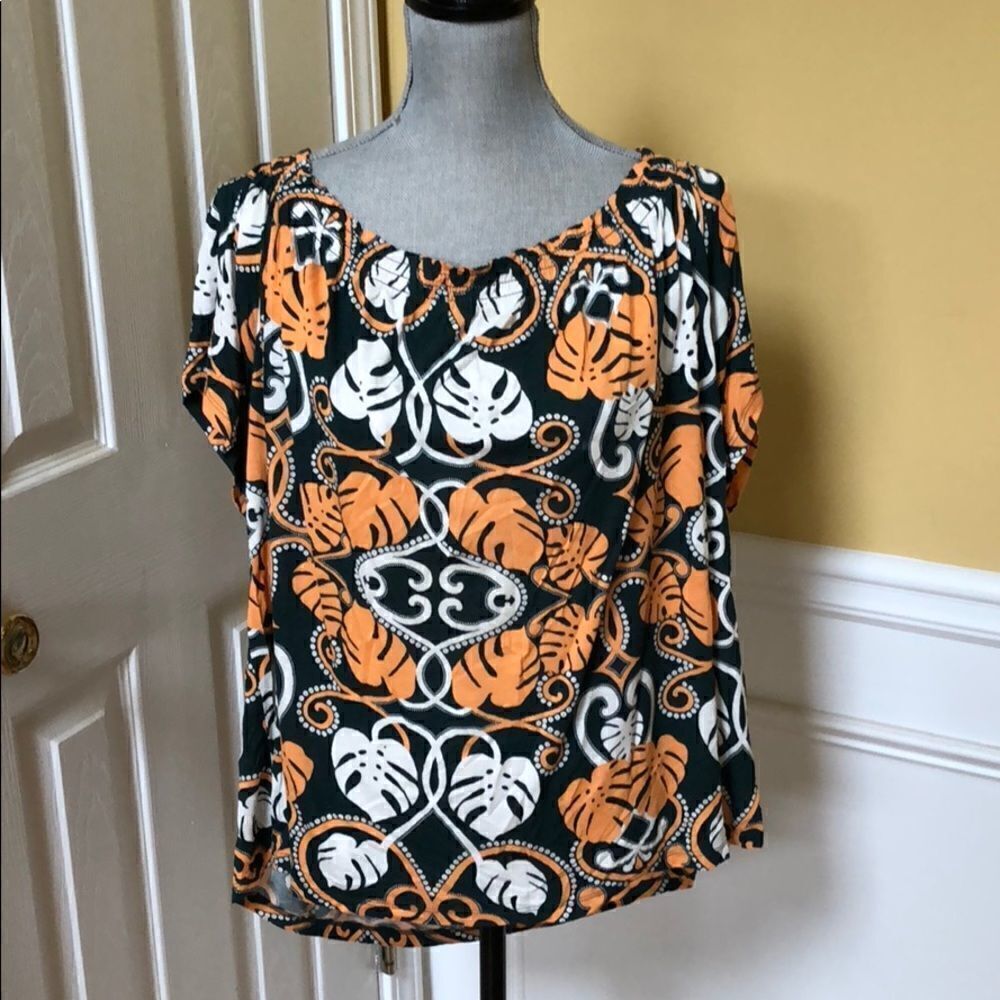 Green, Orange and White Leaf Print top